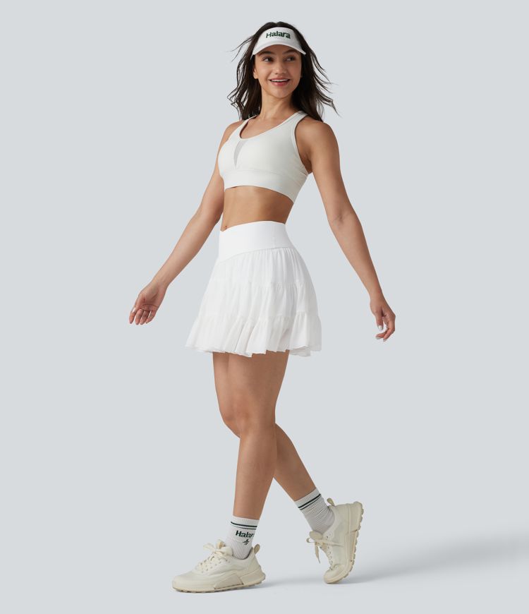 High Waisted Crossover Flowy 2-in-1 Mini Tennis Skirt with Pockets