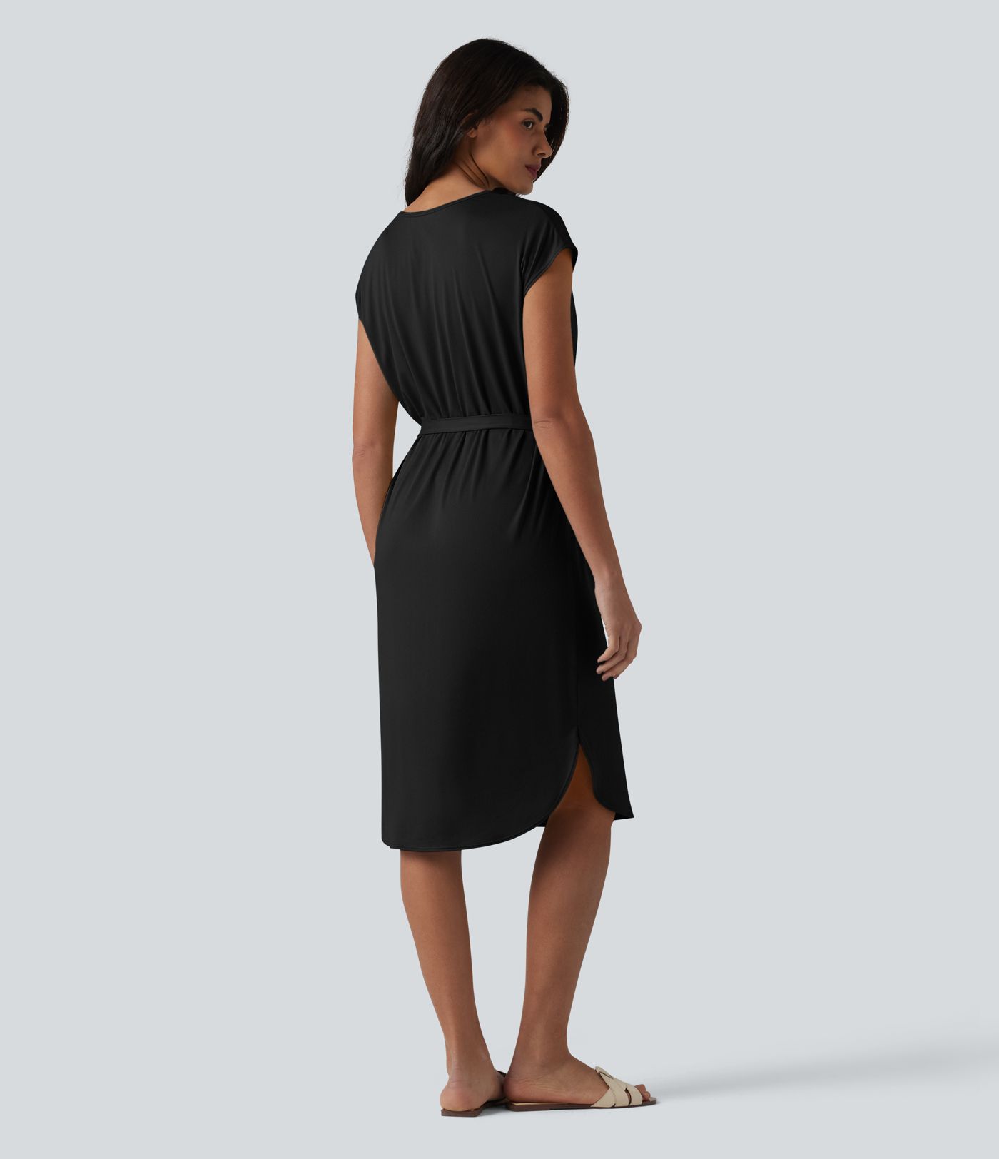 V-neck Short Sleeve Belted Curved Hem Casual T-Shirt Dress