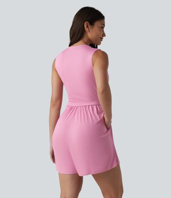 Ribbed V-neck Sleeveless Ruched Built-in Bra Casual Romper with Pockets-Easy Peezy