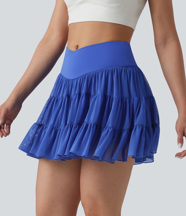 Fließender 2-in-1 Tennis-Minirock mit hohem Crossover-Bund und Seitentaschen