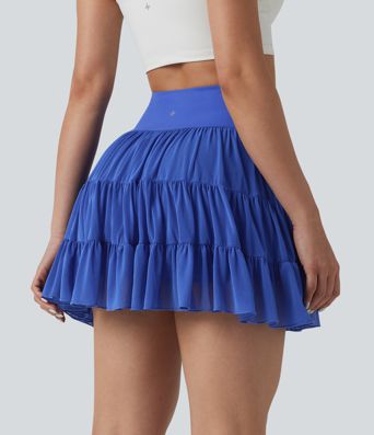 Fließender 2-in-1 Tennis-Minirock mit hohem Crossover-Bund und Seitentaschen
