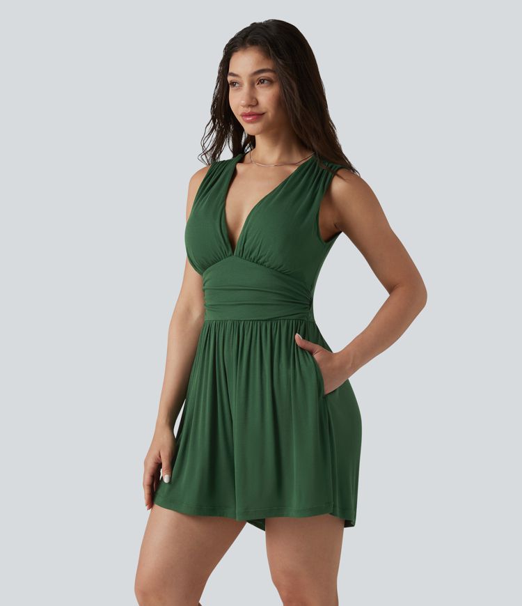 Ribbed V-neck Sleeveless Ruched Built-in Bra Casual Romper with Pockets-Easy Peezy