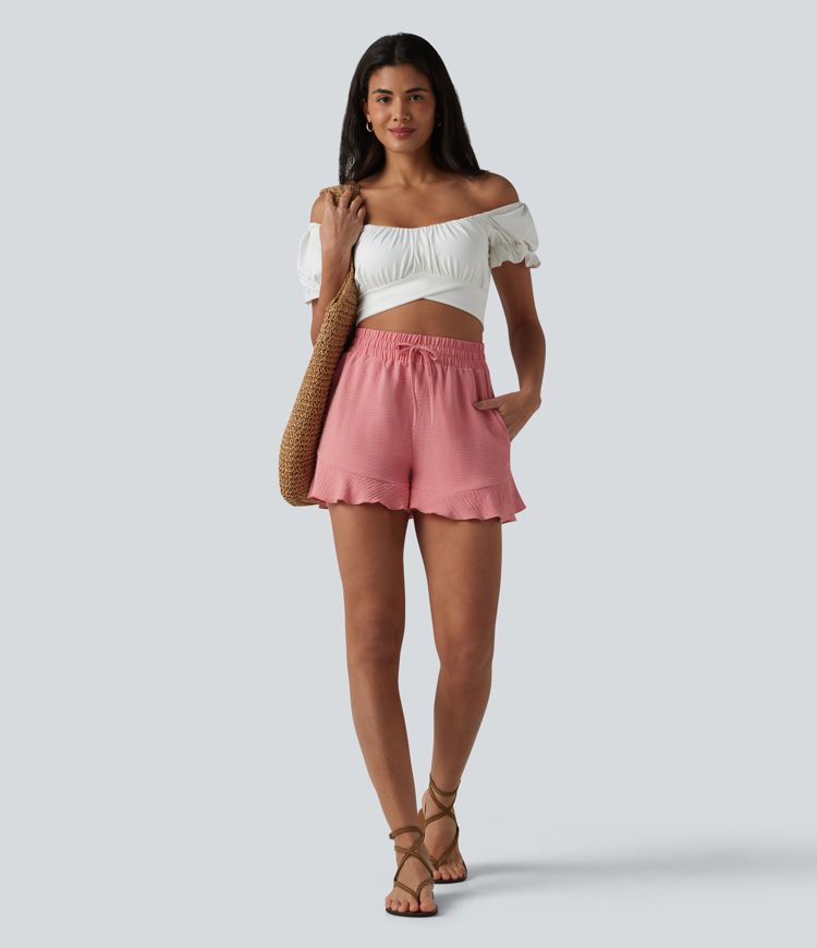 High Waisted Drawstring Ruffle Hem Linen-Feel Resort Baggy Shorts with Pockets
