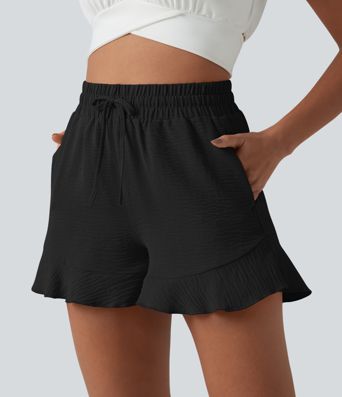 High Waisted Drawstring Ruffle Hem Linen-Feel Resort Baggy Shorts with Pockets