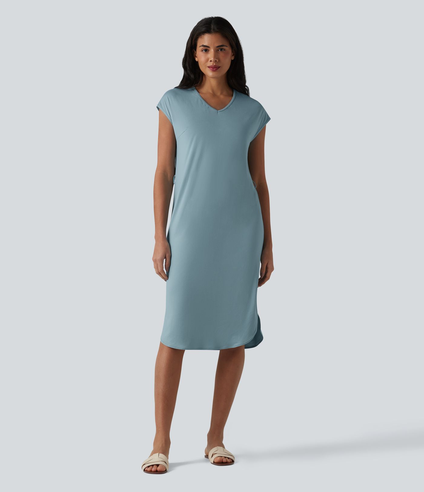 V-neck Short Sleeve Belted Curved Hem Casual T-Shirt Dress