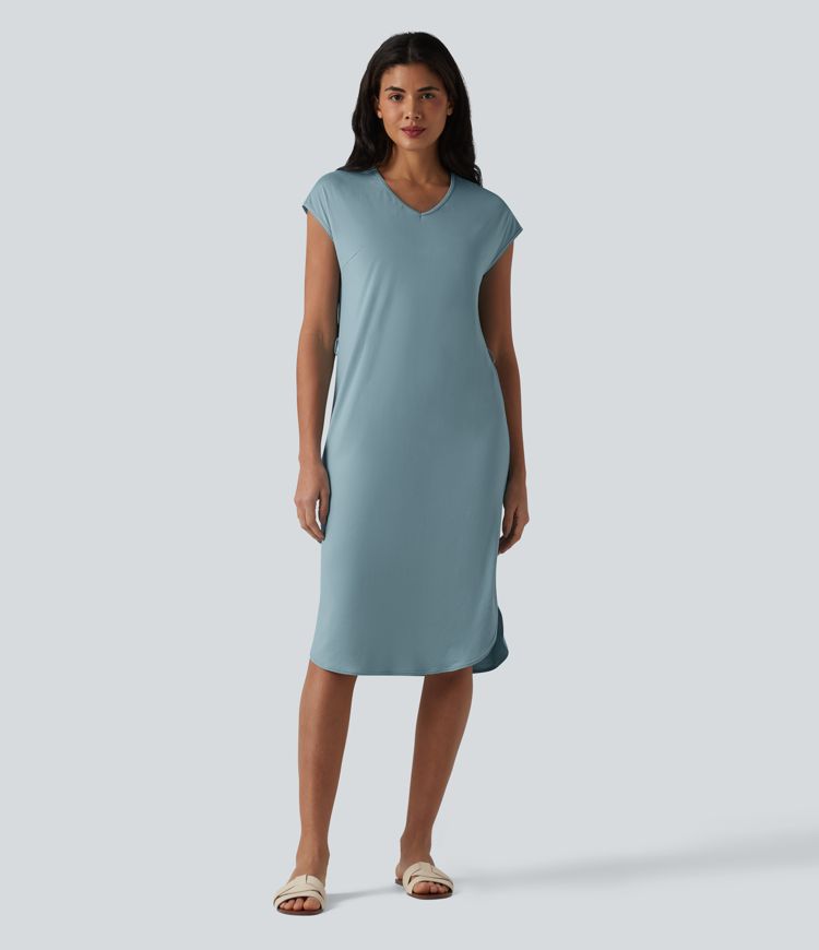 V-neck Short Sleeve Belted Curved Hem Casual T-Shirt Dress