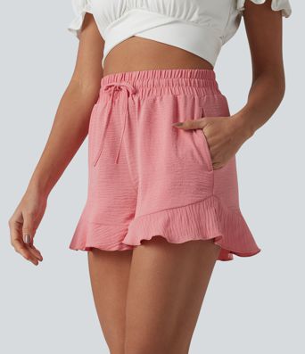 High Waisted Drawstring Ruffle Hem Linen-Feel Resort Baggy Shorts with Pockets