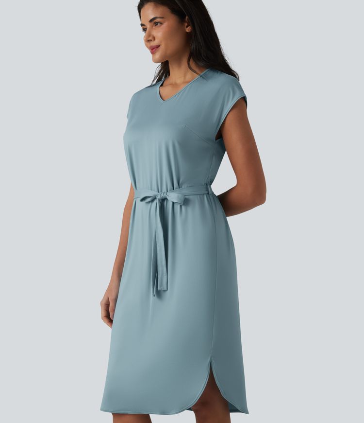 V-neck Short Sleeve Belted Curved Hem Casual T-Shirt Dress