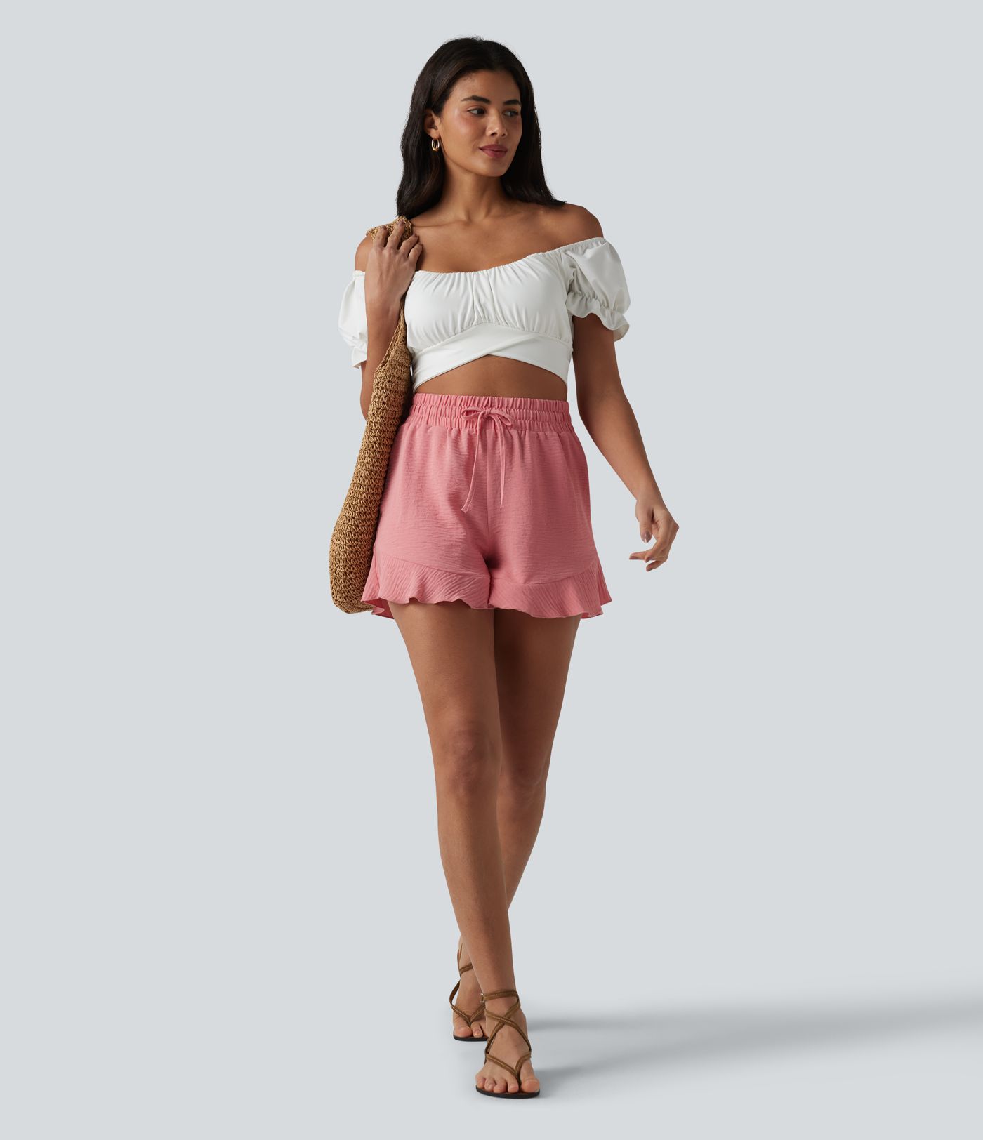 High Waisted Drawstring Ruffle Hem Linen-Feel Resort Baggy Shorts with Pockets