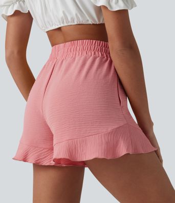 High Waisted Drawstring Ruffle Hem Linen-Feel Resort Baggy Shorts with Pockets