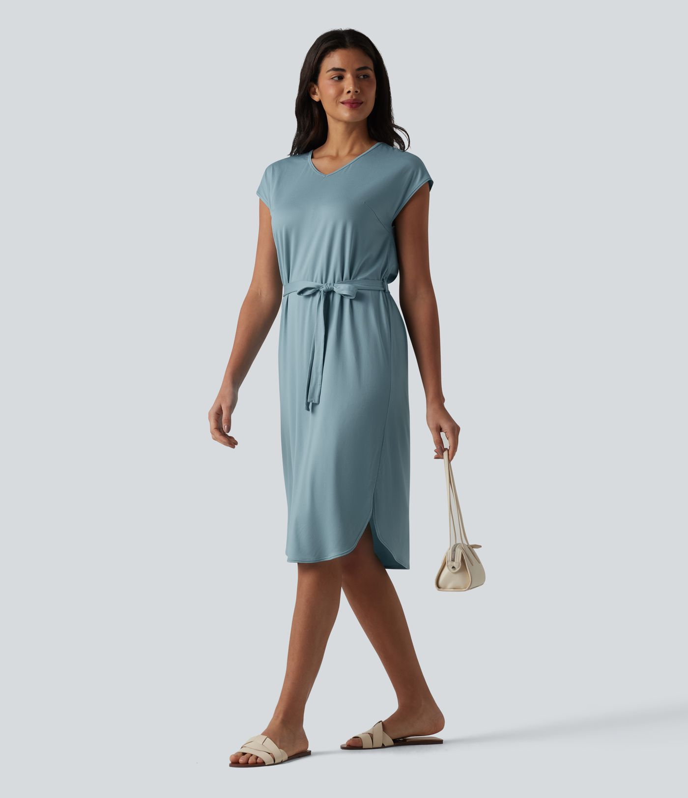 V-neck Short Sleeve Belted Curved Hem Casual T-Shirt Dress