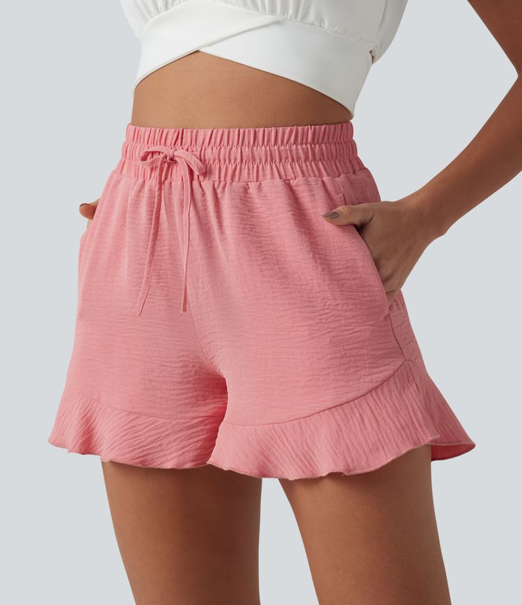 High Waisted Drawstring Ruffle Hem Linen-Feel Resort Baggy Shorts with Pockets