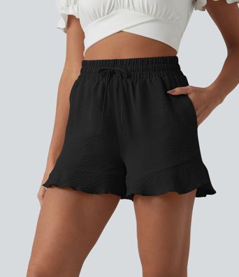 High Waisted Drawstring Ruffle Hem Linen-Feel Resort Baggy Shorts with Pockets