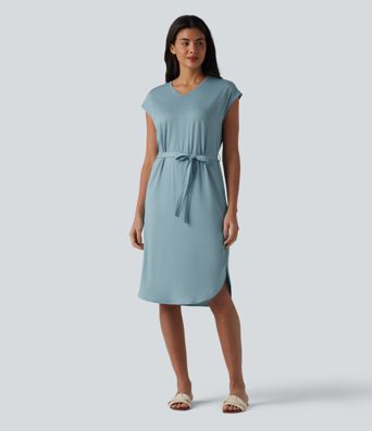 V-neck Short Sleeve Belted Curved Hem Casual T-Shirt Dress