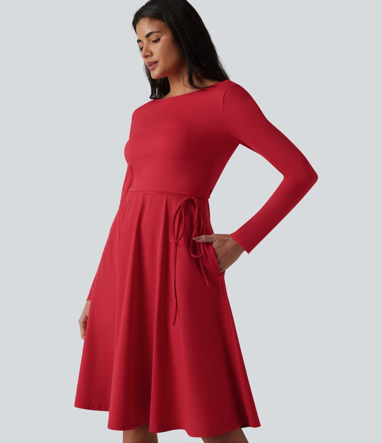 SoftlyZero™ Airy Robe midi 2 pièces toucher frais à manches longues, effet portefeuille et poches