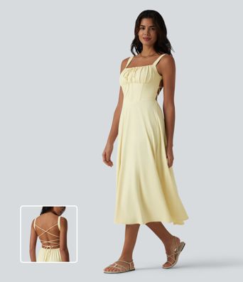 Crisscross Backless Square Neck Sleeveless Ruched Built-in Bra Midi Resort Flowy Dress