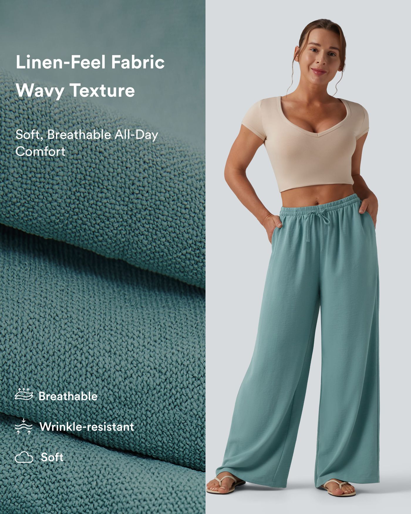 Mid Rise Drawstring Wide Leg Casual Linen-Feel Pants with Pockets