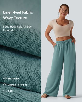 Mid Rise Drawstring Wide Leg Casual Linen-Feel Pants with Pockets