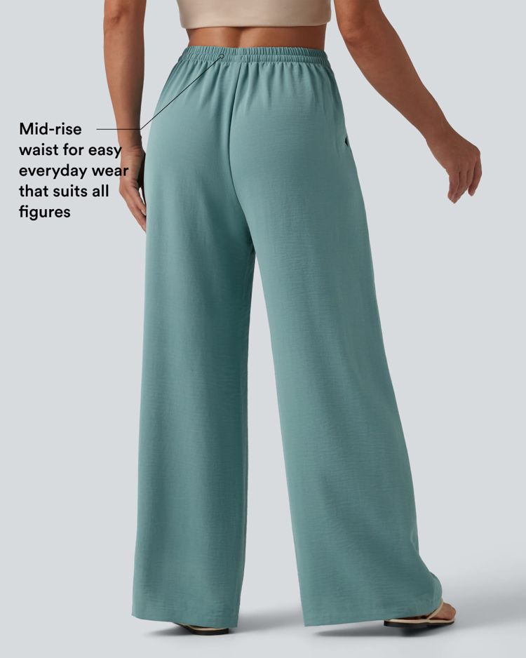 Mid Rise Drawstring Wide Leg Casual Linen-Feel Pants with Pockets