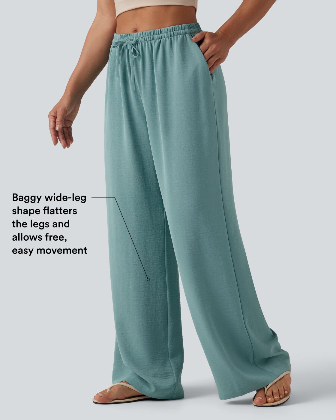 Mid Rise Drawstring Wide Leg Casual Linen-Feel Pants with Pockets