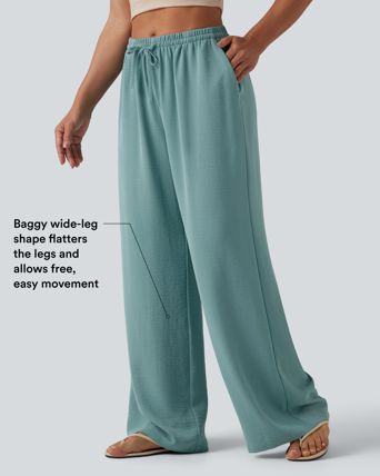 Mid Rise Drawstring Wide Leg Casual Linen-Feel Pants with Pockets