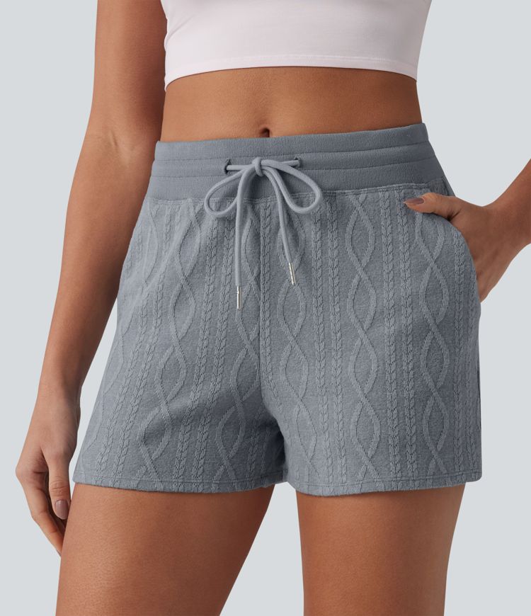 Lässige Shorts mit mittelhohem Bund, Seitentaschen, Kordelzug und Zopfmuster - 7,6 cm