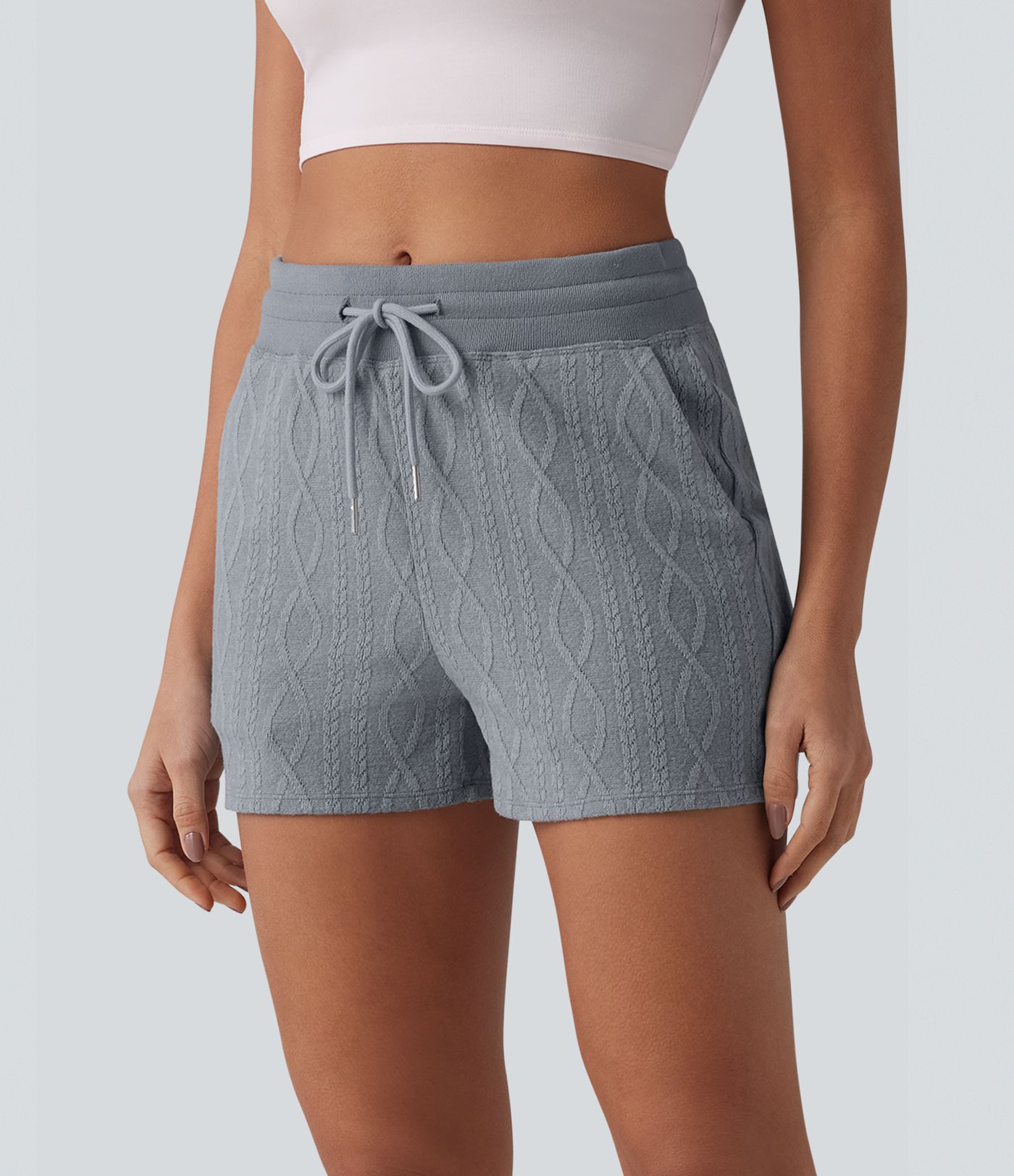 Lässige Shorts mit mittelhohem Bund, Seitentaschen, Kordelzug und Zopfmuster - 7,6 cm