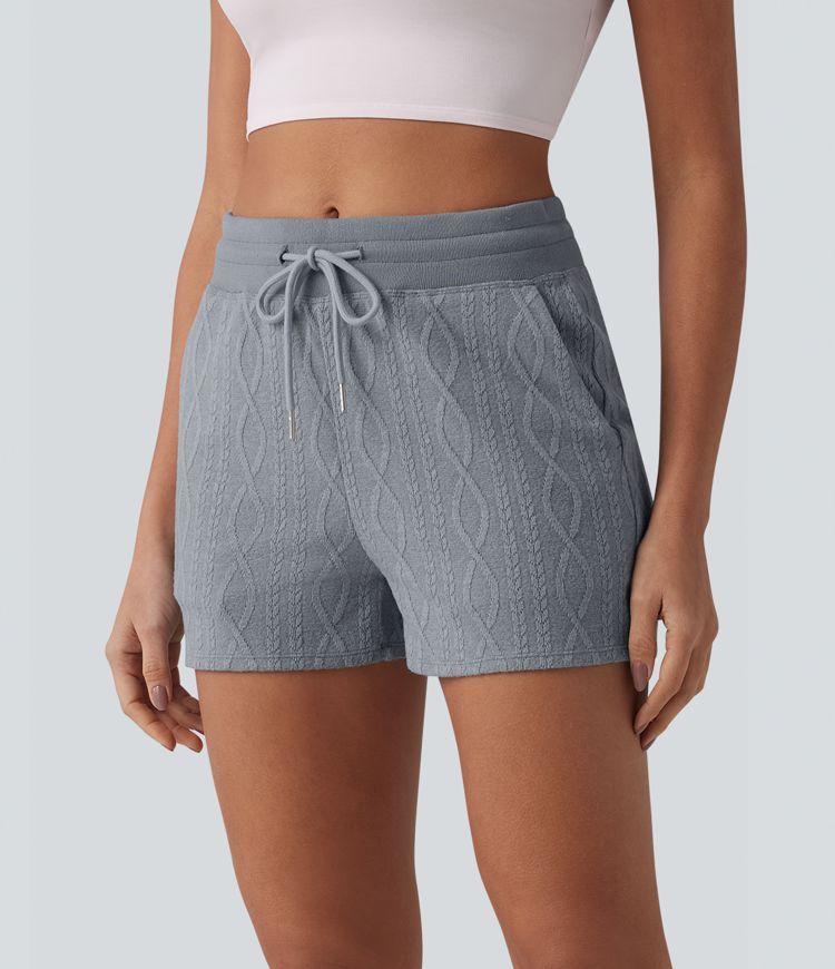 Lässige Shorts mit mittelhohem Bund, Seitentaschen, Kordelzug und Zopfmuster - 7,6 cm