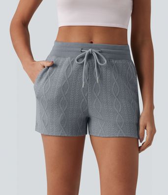 Lässige Shorts mit mittelhohem Bund, Seitentaschen, Kordelzug und Zopfmuster - 7,6 cm