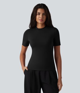 Round Neck Short Sleeve Built-in Bra Casual T-Shirt