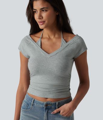 Halara Cotton Jersey Short Sleeve Tie-back Ruched 2-in-1 Casual T-Shirt