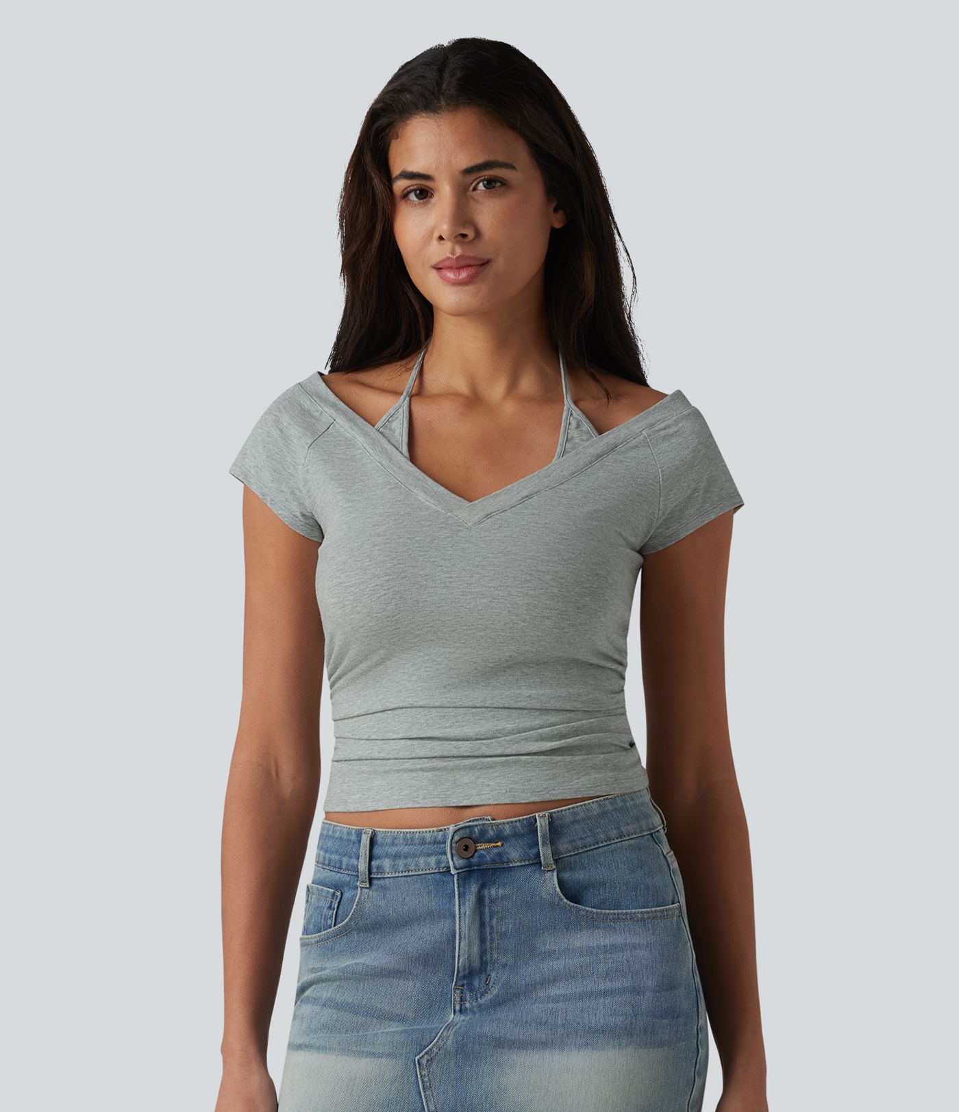 Halara Cotton Jersey Short Sleeve Tie-back Ruched 2-in-1 Casual T-Shirt