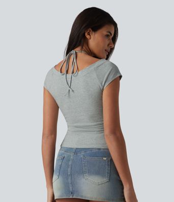 Halara Cotton Jersey Short Sleeve Tie-back Ruched 2-in-1 Casual T-Shirt