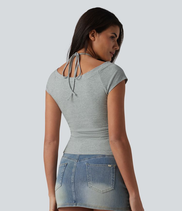 Halara Cotton Jersey Short Sleeve Tie-back Ruched 2-in-1 Casual T-Shirt