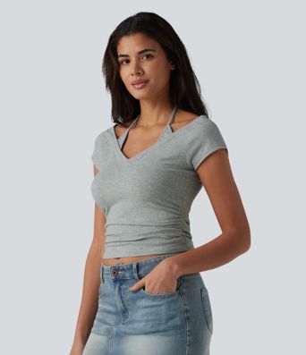 Halara Cotton Jersey Short Sleeve Tie-back Ruched 2-in-1 Casual T-Shirt