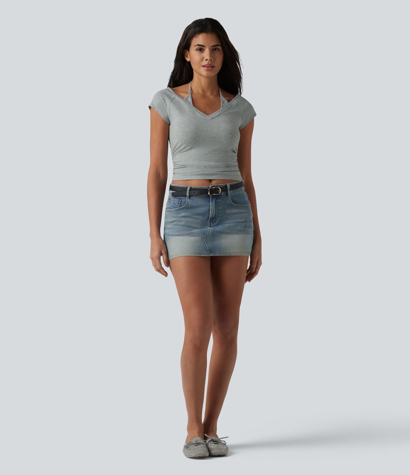 Halara Cotton Jersey Short Sleeve Tie-back Ruched 2-in-1 Casual T-Shirt