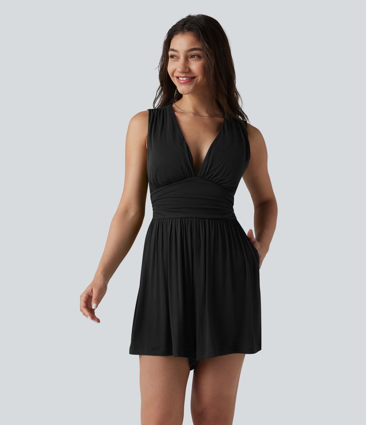 Ribbed V-neck Sleeveless Ruched Built-in Bra Casual Romper with Pockets-Easy Peezy