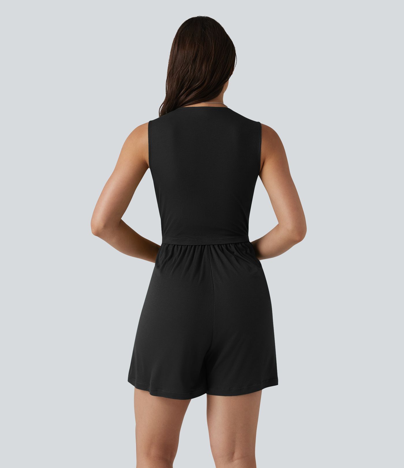 Ribbed V-neck Sleeveless Ruched Built-in Bra Casual Romper with Pockets-Easy Peezy