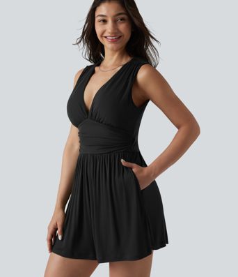 Ribbed V-neck Sleeveless Ruched Built-in Bra Casual Romper with Pockets-Easy Peezy