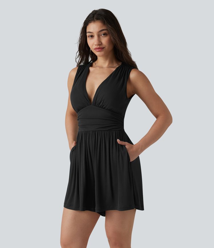Ribbed V-neck Sleeveless Ruched Built-in Bra Casual Romper with Pockets-Easy Peezy
