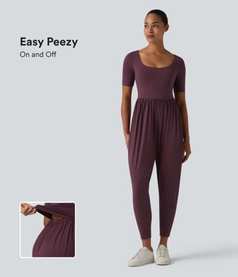 SoftlyZero™ Airy Scoop Neck Short Sleeve Built-in Bra Cool Touch Casual Jumpsuit with Pockets-Easy Peezy Edition