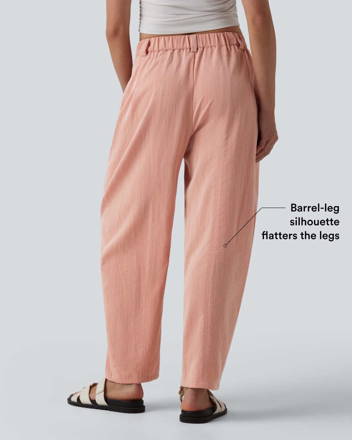 Mid Rise Barrel Leg Casual Linen-Feel Pants with Pockets
