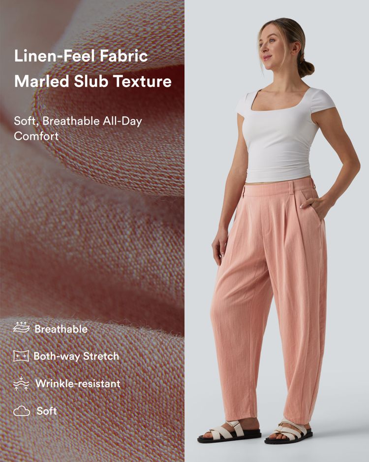 Mid Rise Barrel Leg Casual Linen-Feel Pants with Pockets
