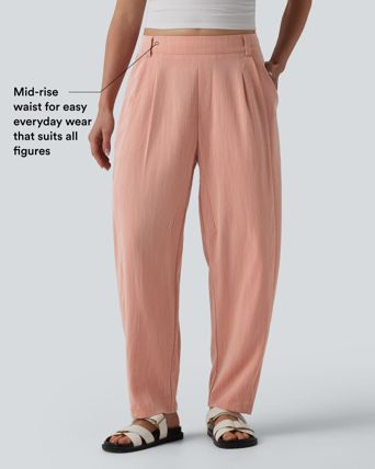 Mid Rise Barrel Leg Casual Linen-Feel Pants with Pockets