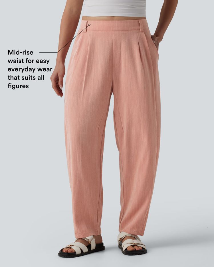 Mid Rise Barrel Leg Casual Linen-Feel Pants with Pockets