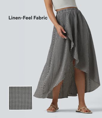High Waisted High Low Plaid Flowy Midi Casual Linen-Feel Skirt with Pockets