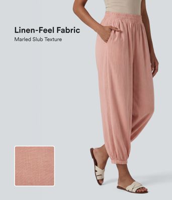 High Waisted Barrel Leg Casual Linen-Feel Pants with Pockets