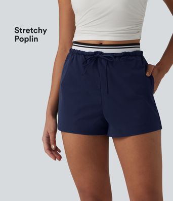 Lässige Shorts aus elastischem Popeline mit mittelhohem Bund, Seitentaschen, Kordelzug und Farbblock