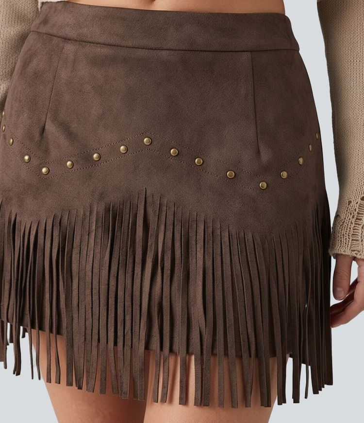 Mid Rise Studded Fringe Suede Micro Mini Skirt