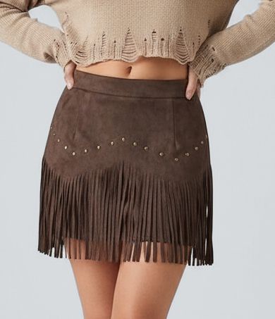 Mid Rise Studded Fringe Suede Micro Mini Skirt